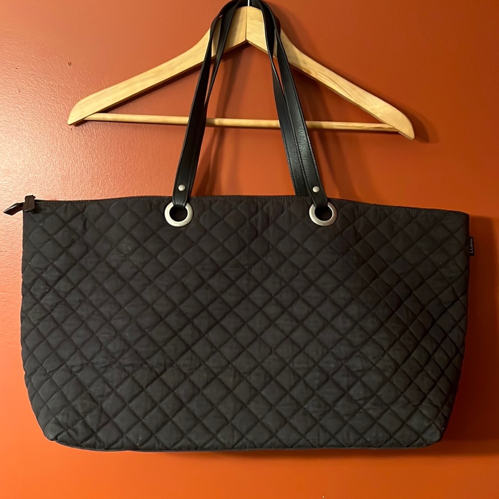 Quilted Black Travel Tote Bag with Leather Handles